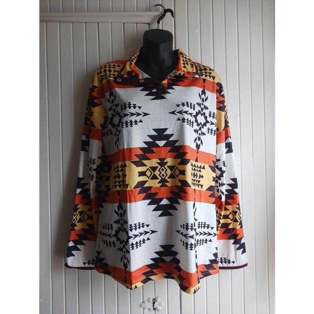 Misslook Top Womens M Aztec Snap Collar Orange Yellow Maroon